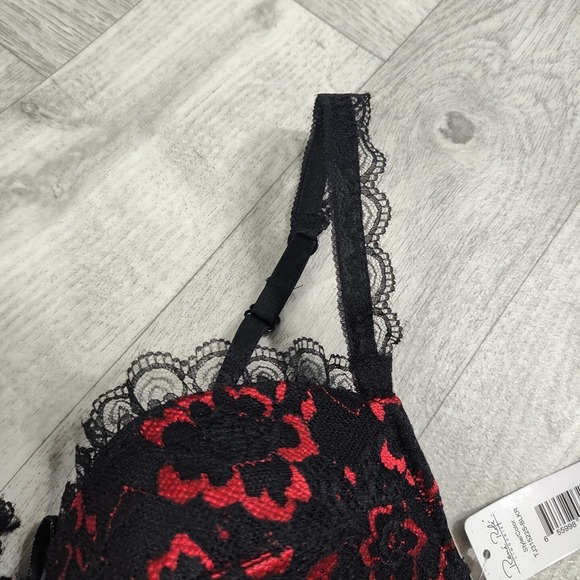 Nwts! Rene Rofe Women's Large Metalic Red & Black Lace Floral Lingerie With Bows - Picture 6 of 16